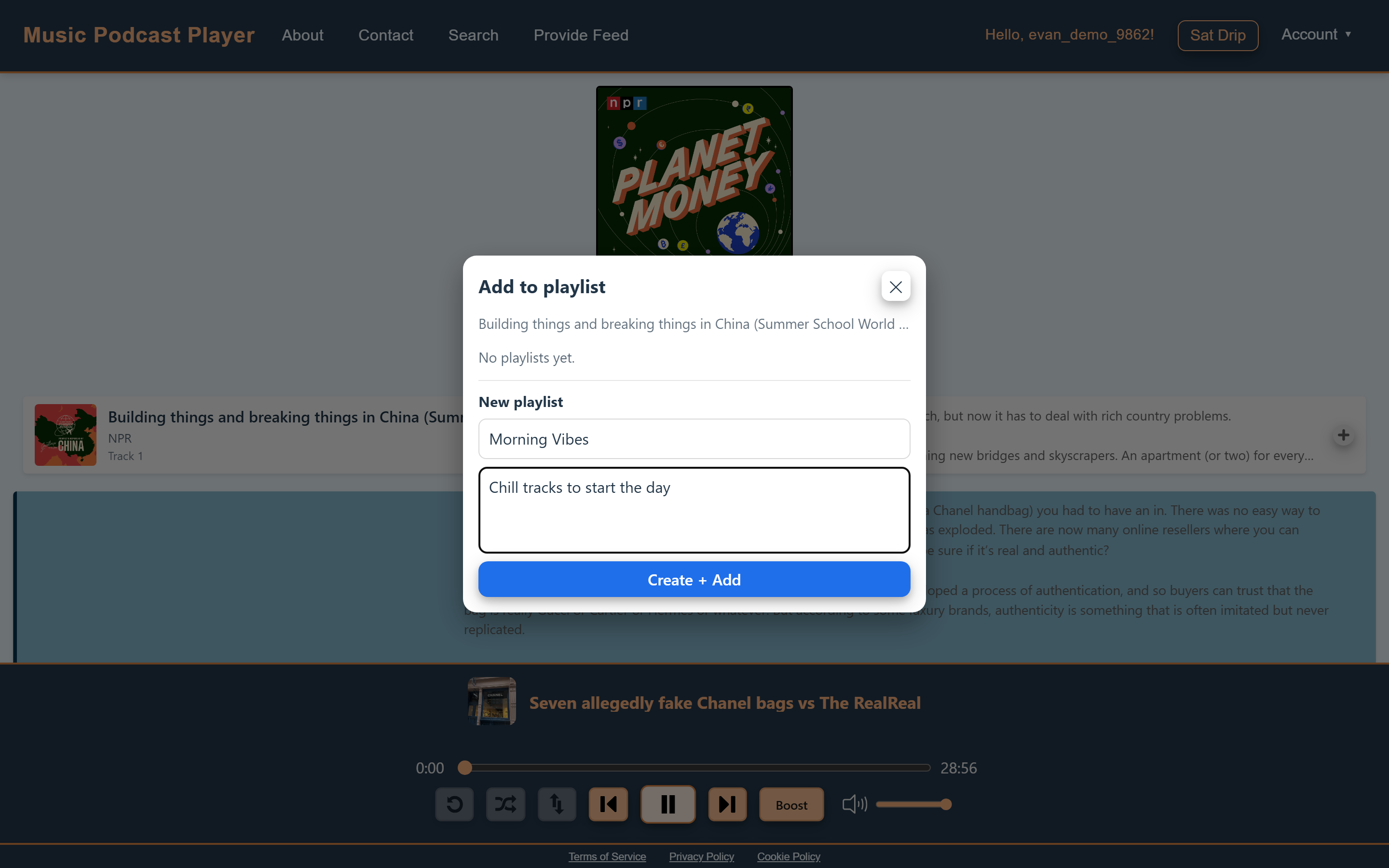 Add to playlist modal over the feed view, with a new playlist being created