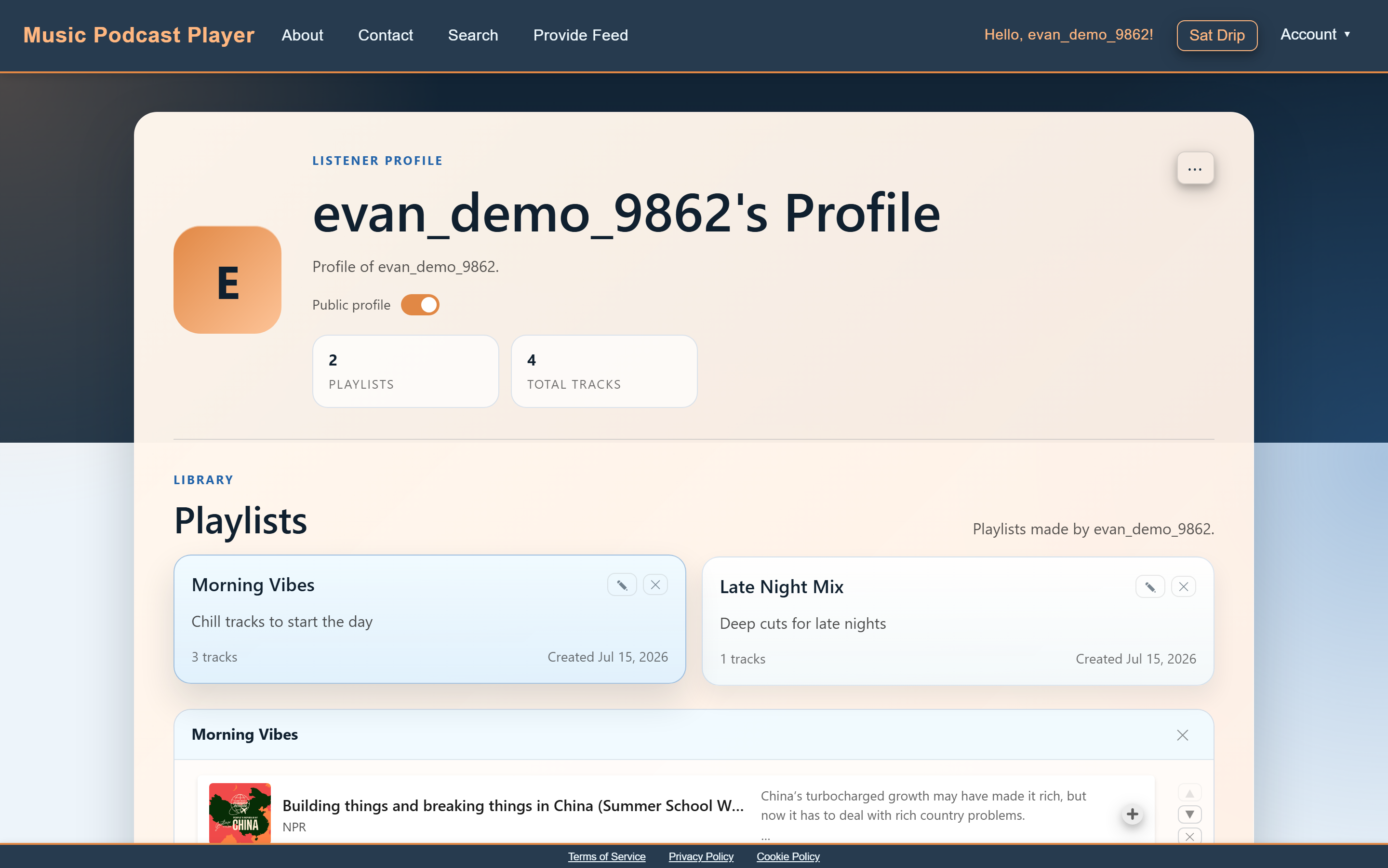 The profile page, switchable between the owner's view and the public visitor view